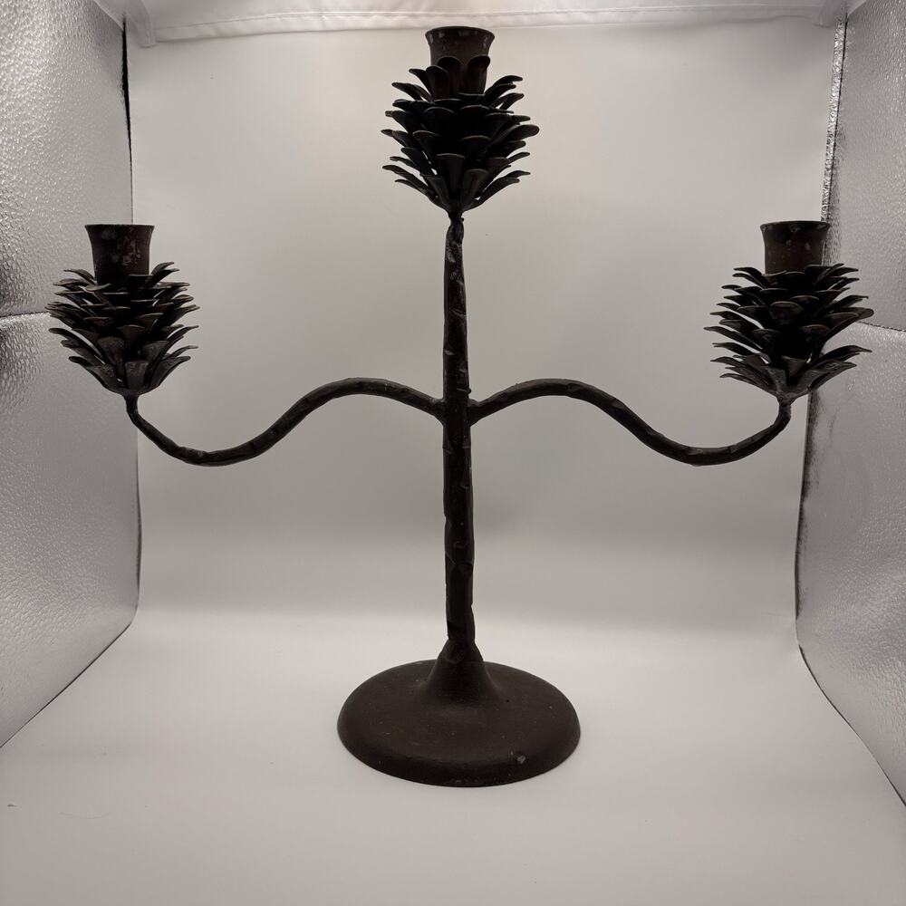 Iron Pinecone 3 Taper Candle Candelabra Fall Holiday Decor Bronze Finish Used